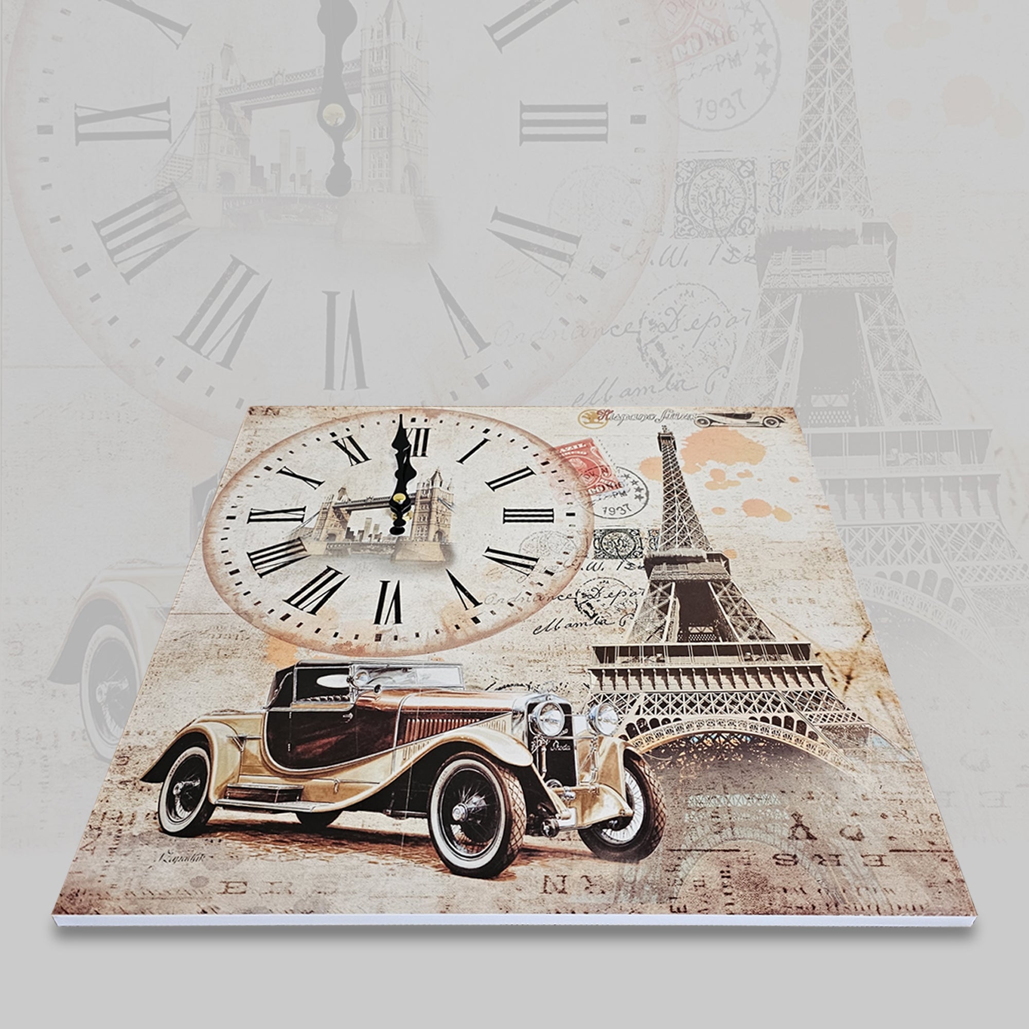 Eiffel Tower Rectangular Wooden Wall Clock Modern Frameless Vintage Car Design