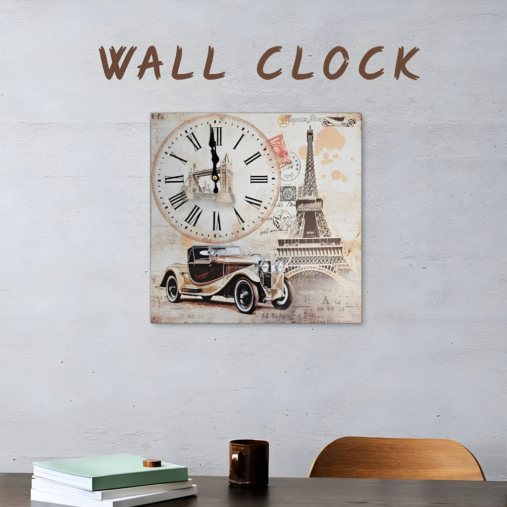 Eiffel Tower Rectangular Wooden Wall Clock Modern Frameless Vintage Car Design