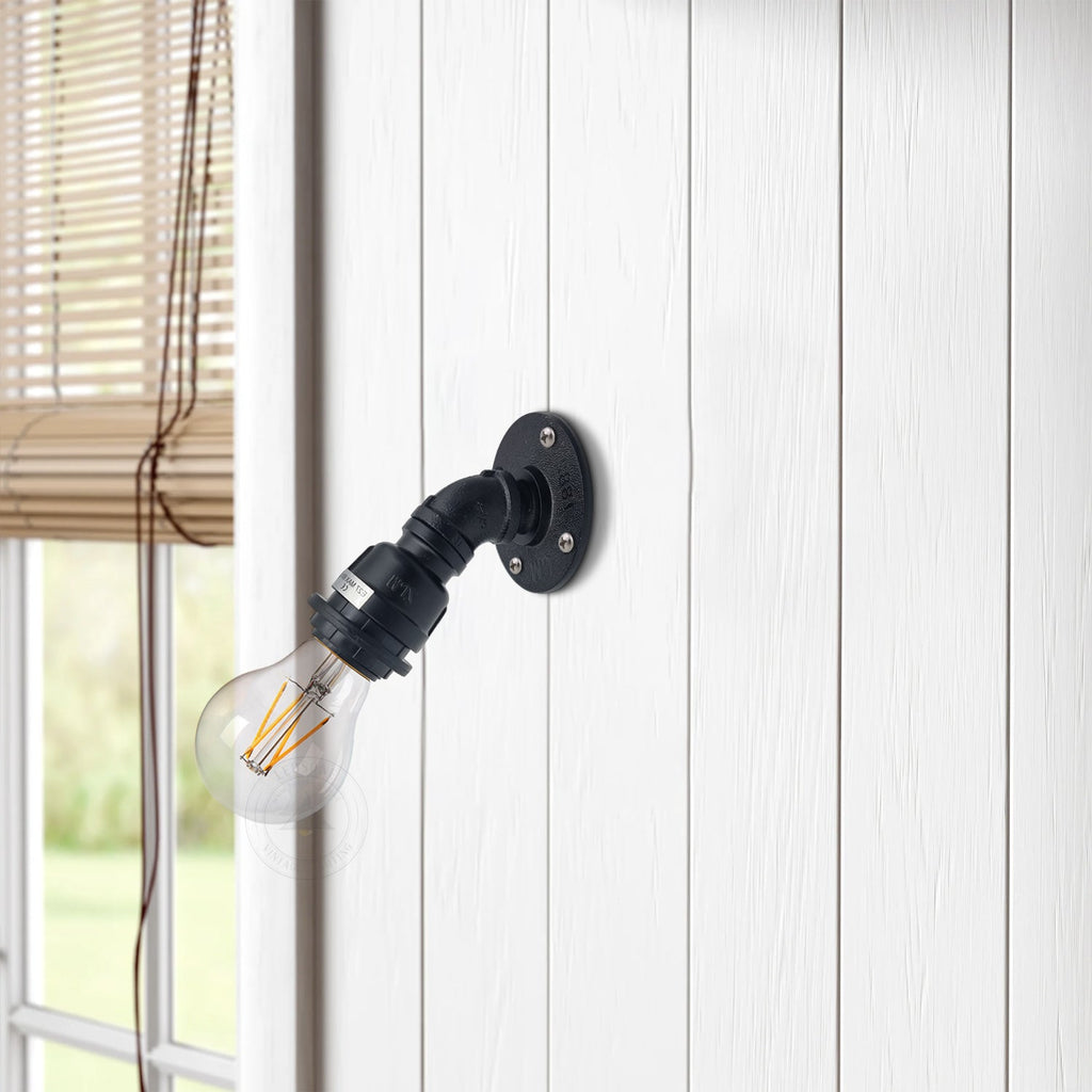 Industrial Water Pipe Wall Lamp Holder E27 Base, Retro Vintage Style Black Metal