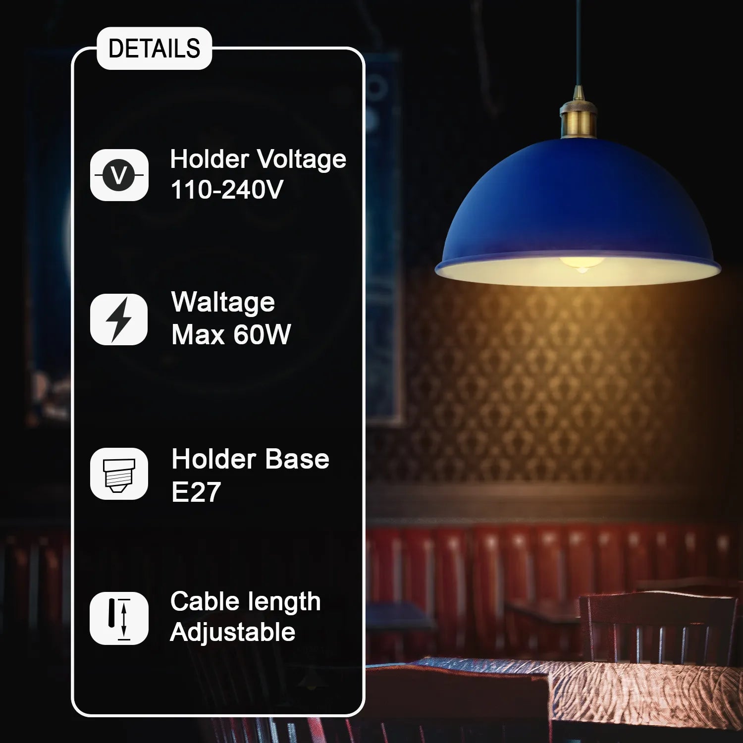 Navy Blue Metal Dome Ceiling Pendant Light Shade E27 Base Adjustable Cord