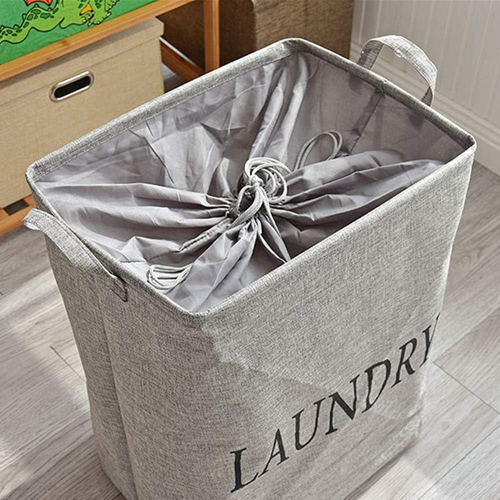 Freestanding Foldable Cotton Linen Laundry Hamper Bag with Drawstring Handles