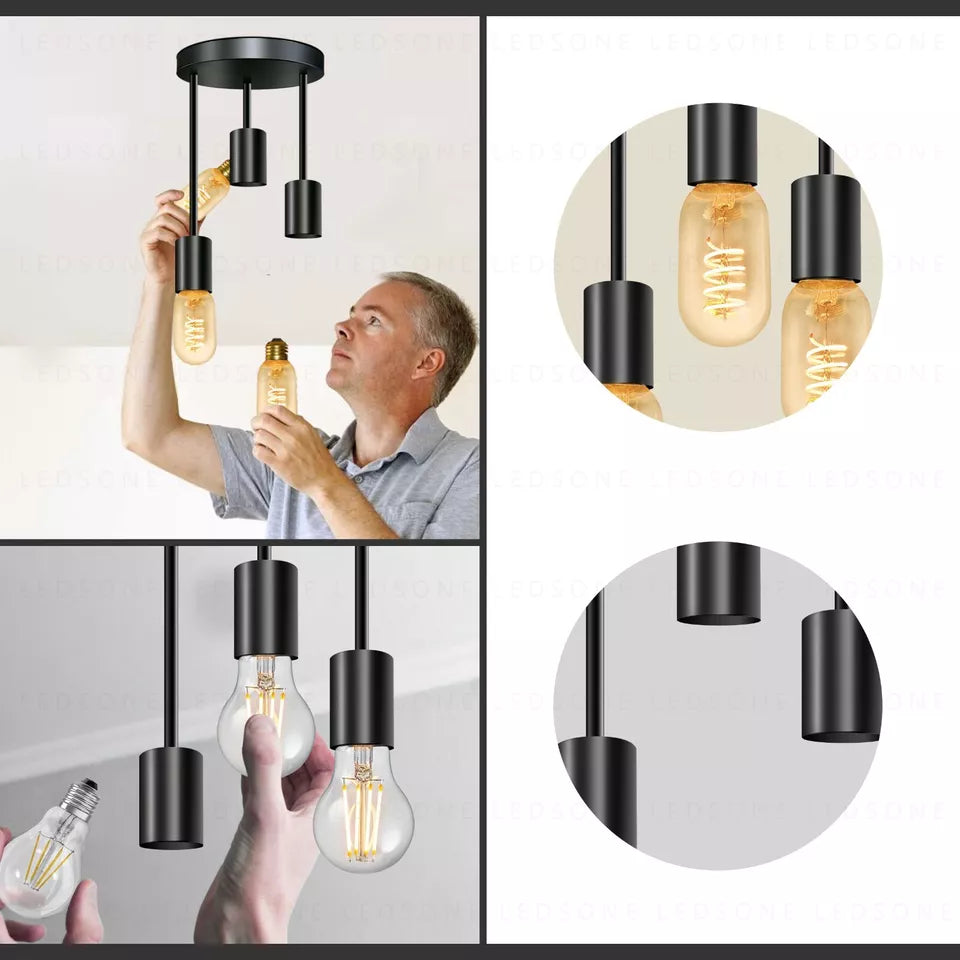 Modern 3-Way Black Metal Flush Mount Ceiling Light Fixture with E27 Sockets