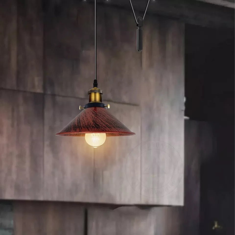 Vintage Industrial Metal Cone Shade Pendant Light with Adjustable Pulley System Cord