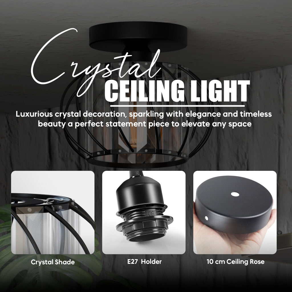 Chic Industrial Modern Metal & Crystal Glass Flush Mount Ceiling Light Fixture