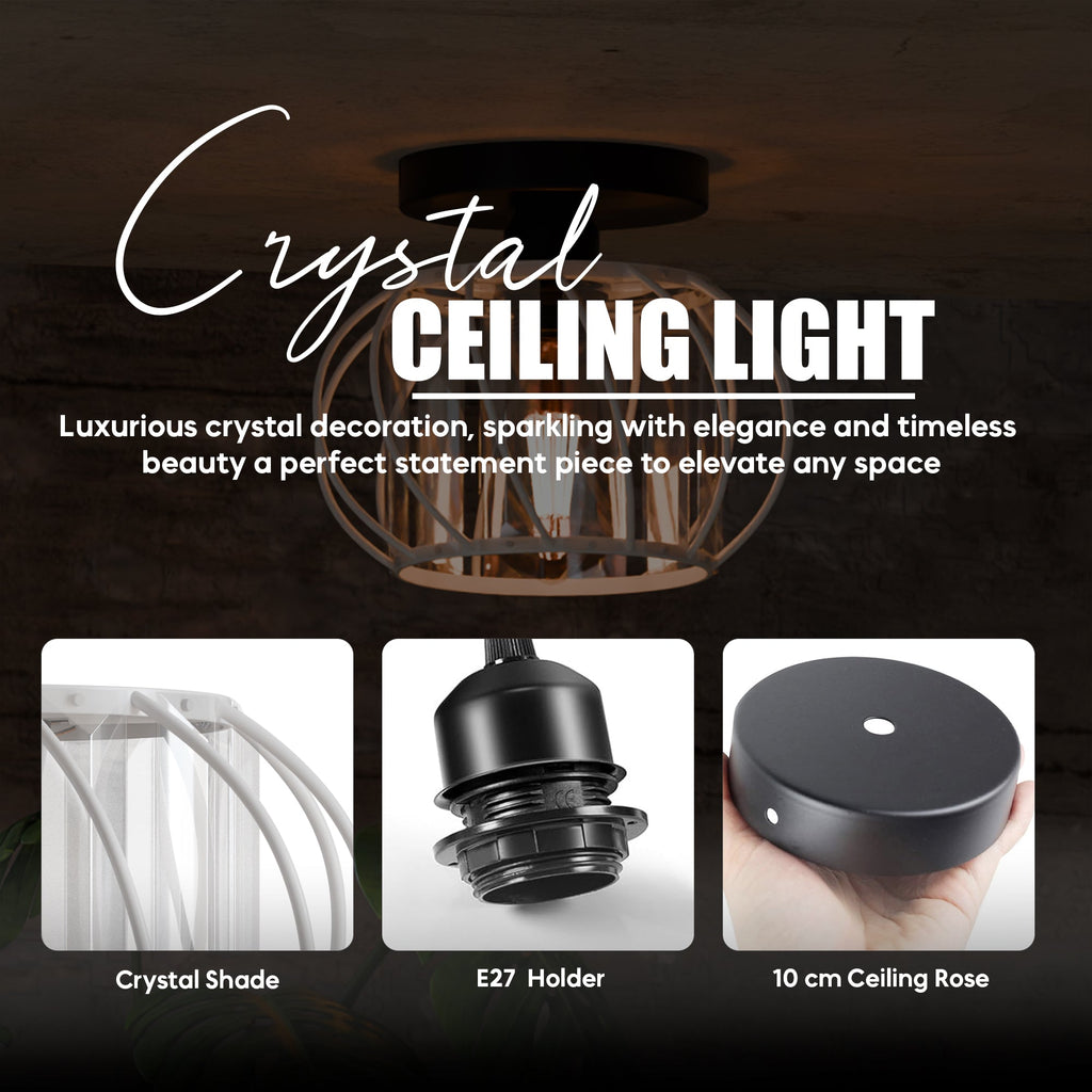 Modern Industrial Metal and Glass Crystal Flush Mount Ceiling Light Fixture