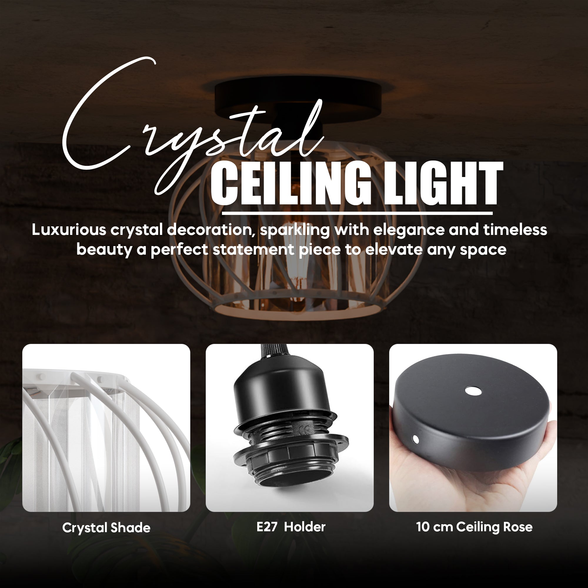 Modern Industrial Metal and Glass Crystal Flush Mount Ceiling Light Fixture