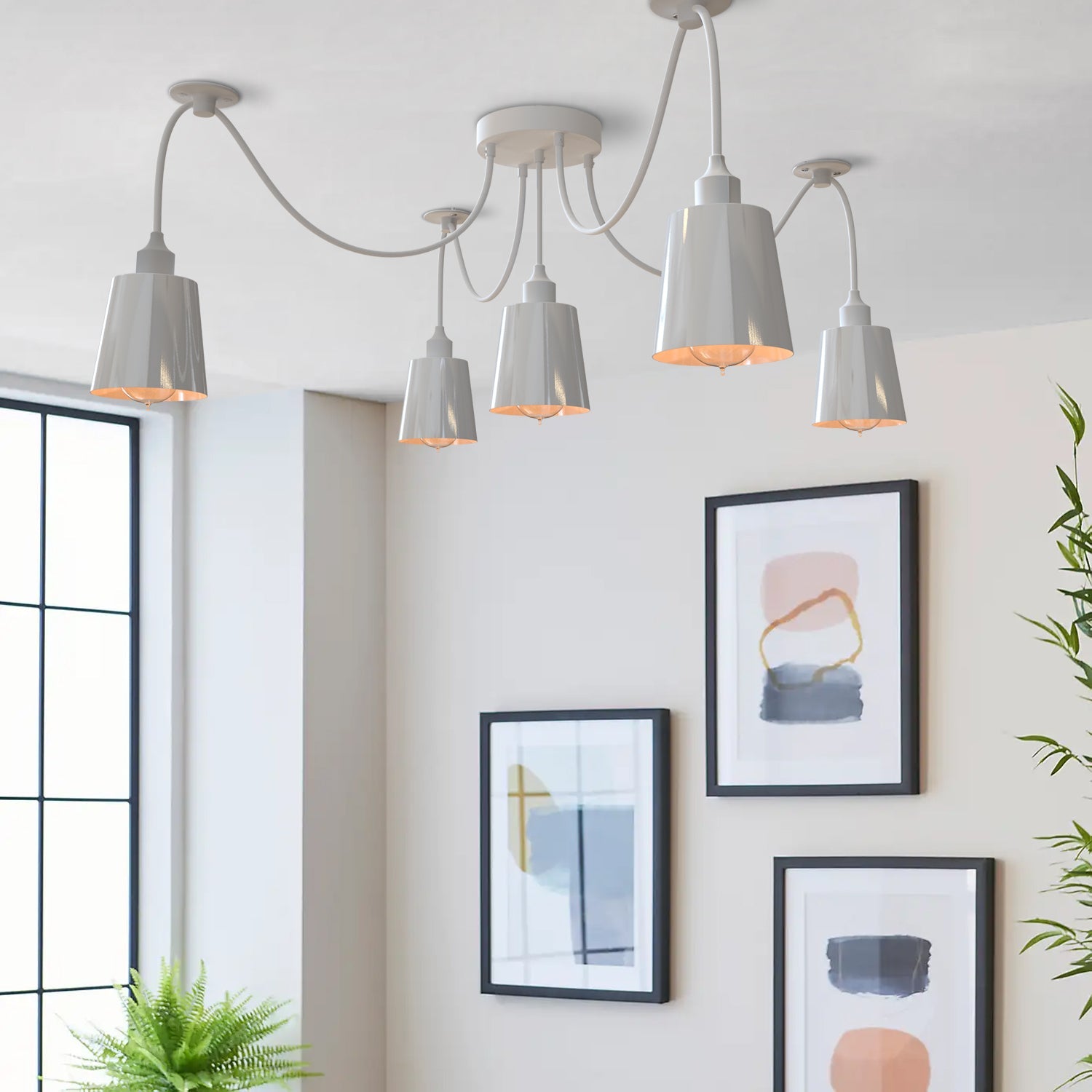 Modern Industrial 5-Way Spider Pendant Light with White Metal Shades