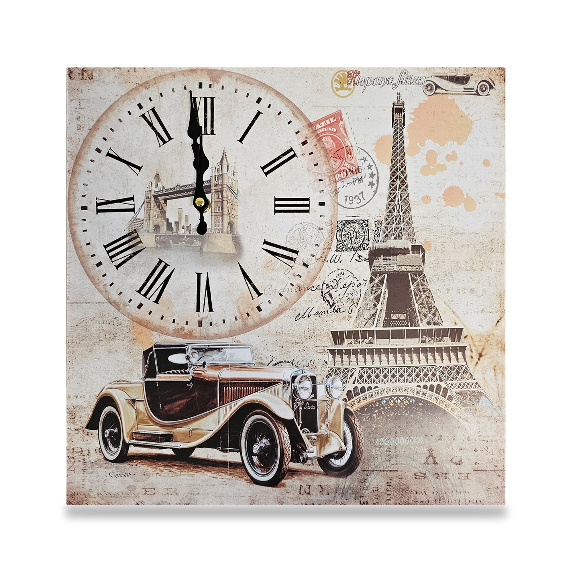 Eiffel Tower Rectangular Wooden Wall Clock Modern Frameless Vintage Car Design