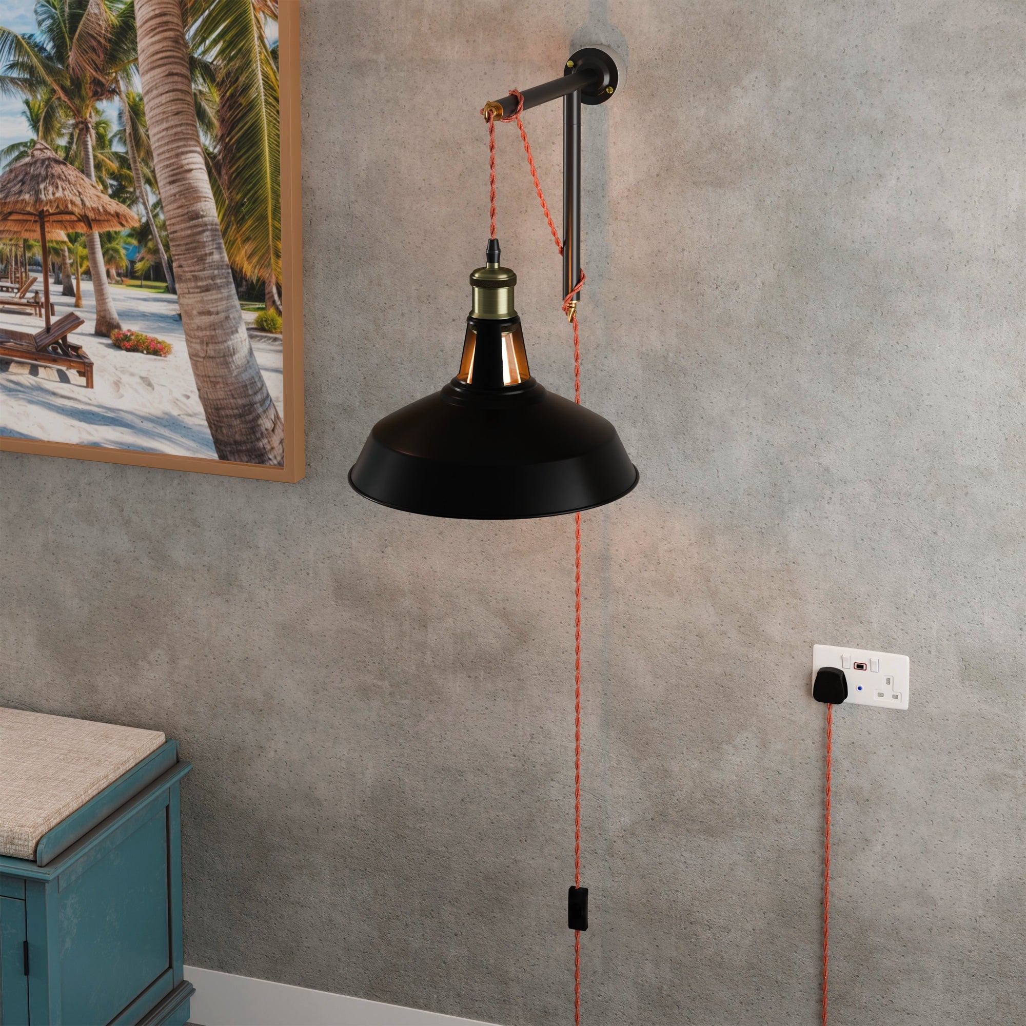 Industrial Black Metal Barn Shade Plug-in Wall Light Kit