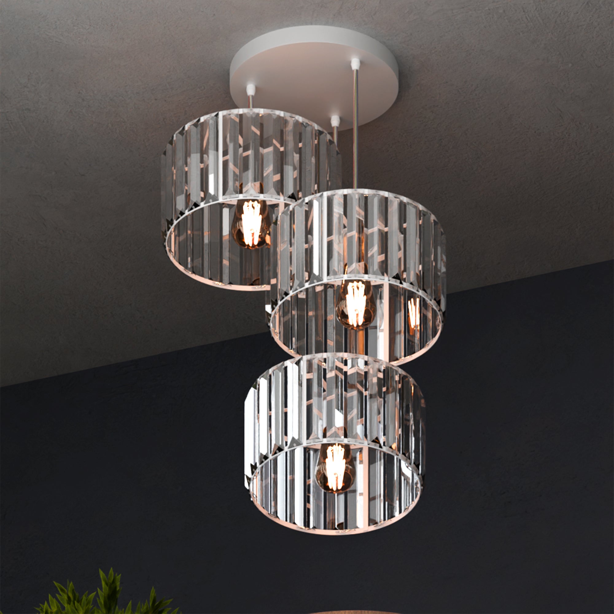 Modern 3-Light Adjustable Crystal Glass Shade Pendant Cluster Chandelier