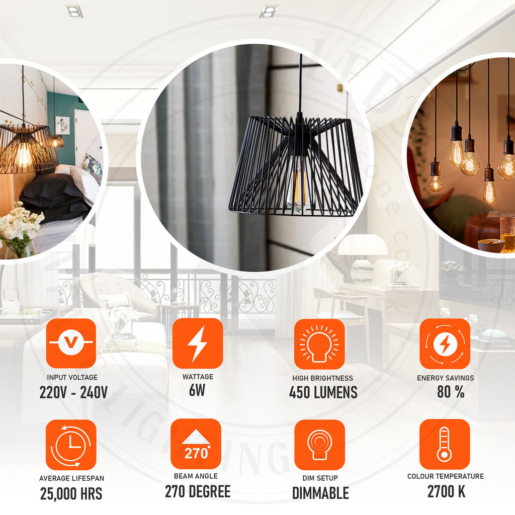 6-Pack Dimmable Vintage Filament LED Edison Bulbs, E27 Warm White