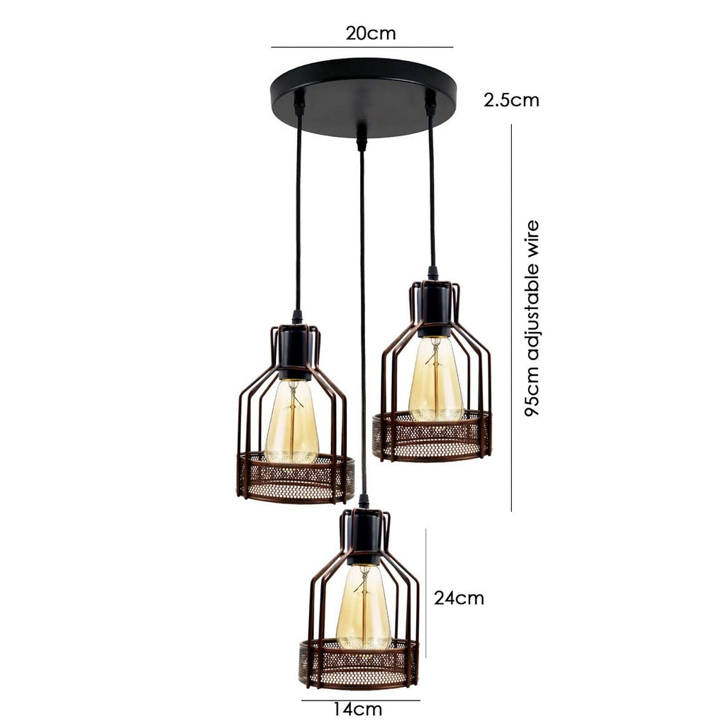 Vintage Industrial 3-Head Metal Cage Pendant Light Chandelier - E27 Base