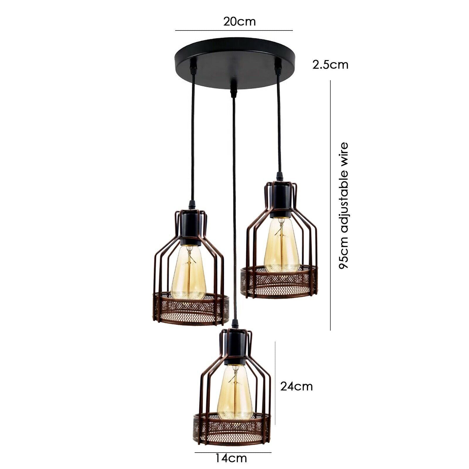 Vintage Industrial 3-Head Metal Cage Pendant Light Chandelier - E27 Base