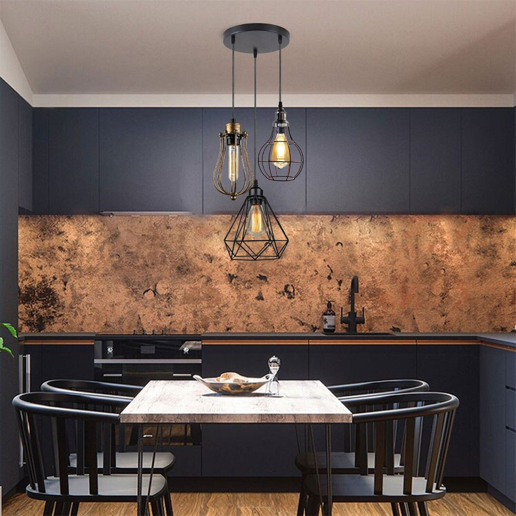 Modern Industrial Cage 3-Light Pendant Lamp for Kitchen Island Dining Room
