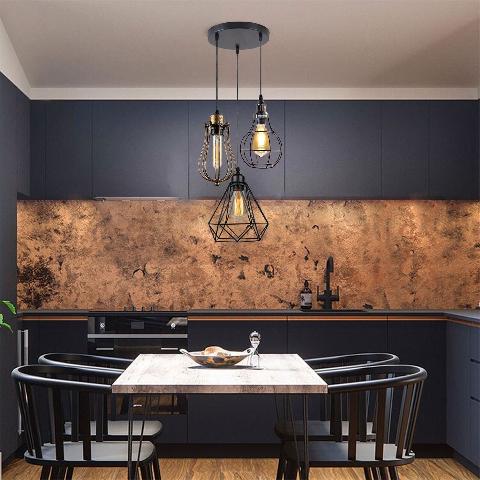 Modern Industrial Cage 3-Light Pendant Lamp for Kitchen Island Dining Room