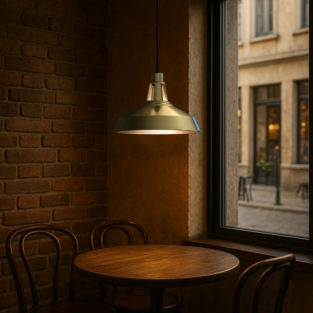 Industrial Hanging Metal Barn Slotted Shade Pendant Light Fixture, Green Brass Finish
