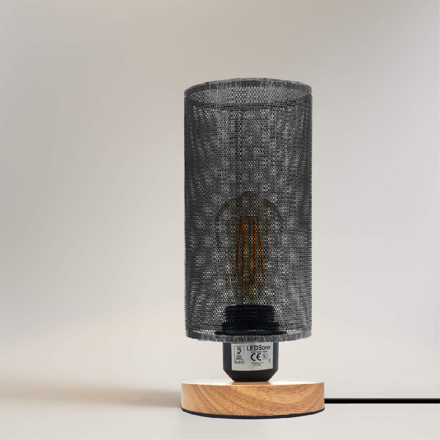 Modern Industrial Small Metal Cage Table Lamp with Wooden Stand, E27 Bedside Light