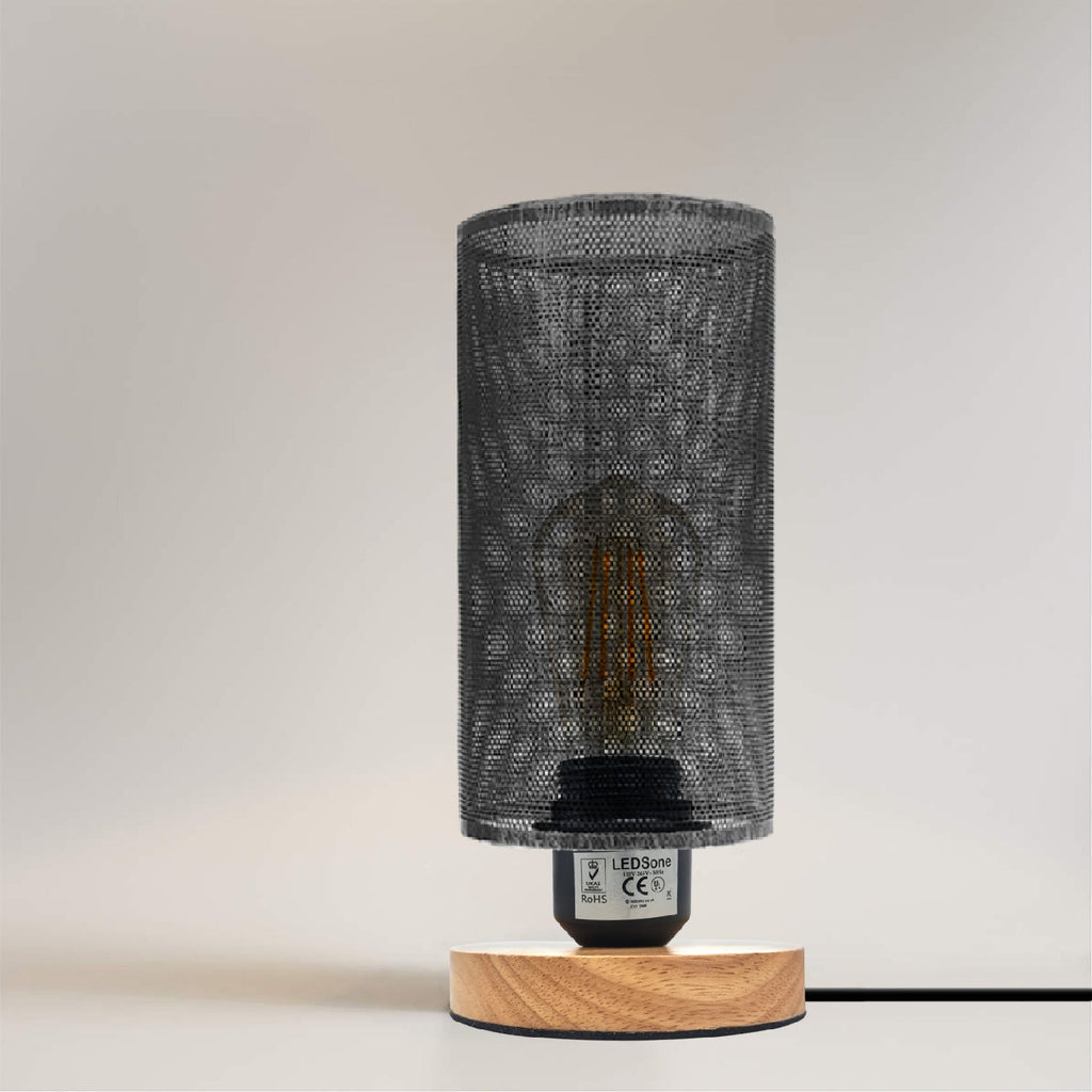 Industrial Metal Wire Cage Bedside Table Lamp, Wooden Base, E27 Socket