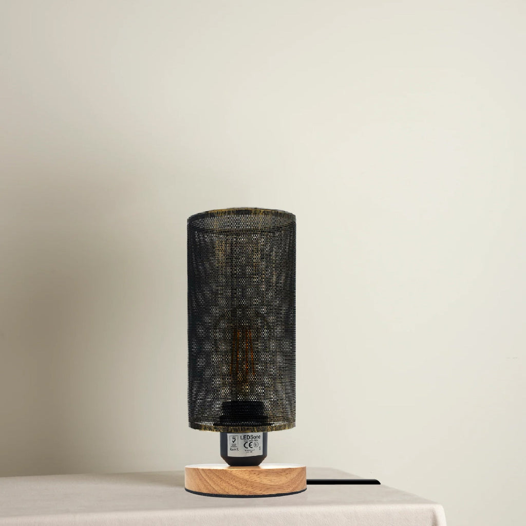 Modern Industrial Small Metal Cage Table Lamp with Wooden Stand, E27 Bedside Light