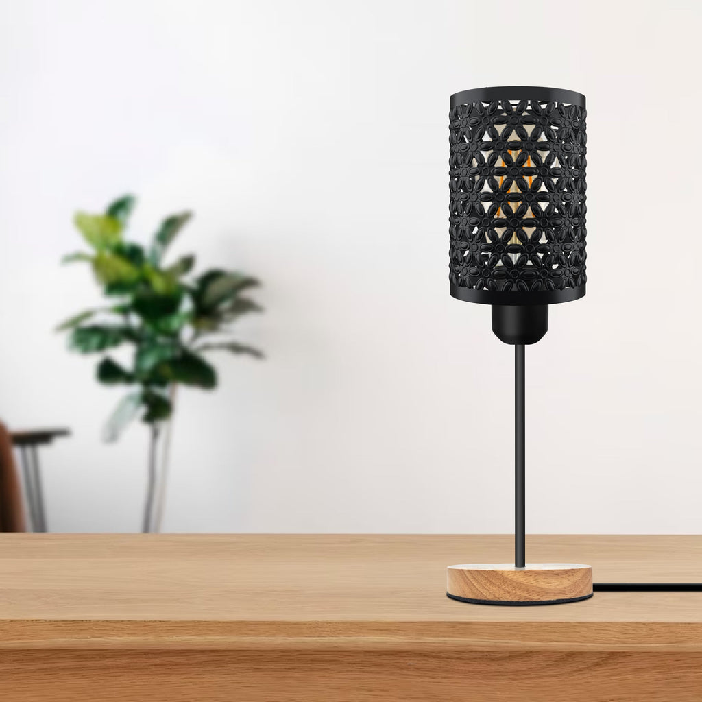 Industrial Metal Cage Table Lamp with Wooden Base, E27 Bedside Light