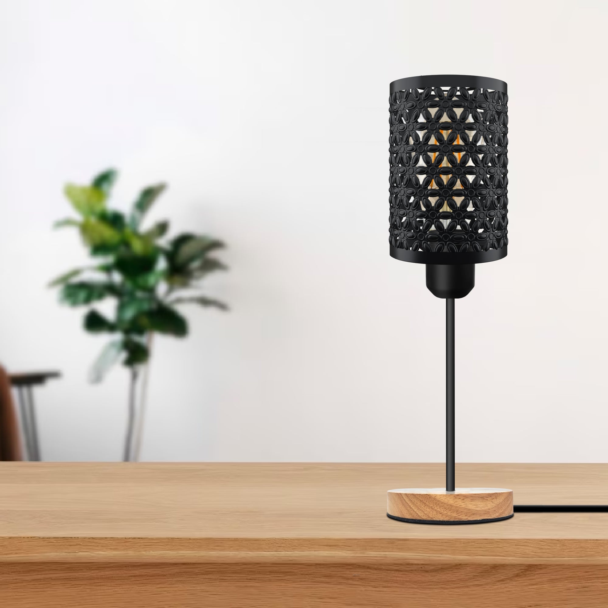 Modern Industrial Barrel Cage Table Lamp Wooden Base In-line Switch