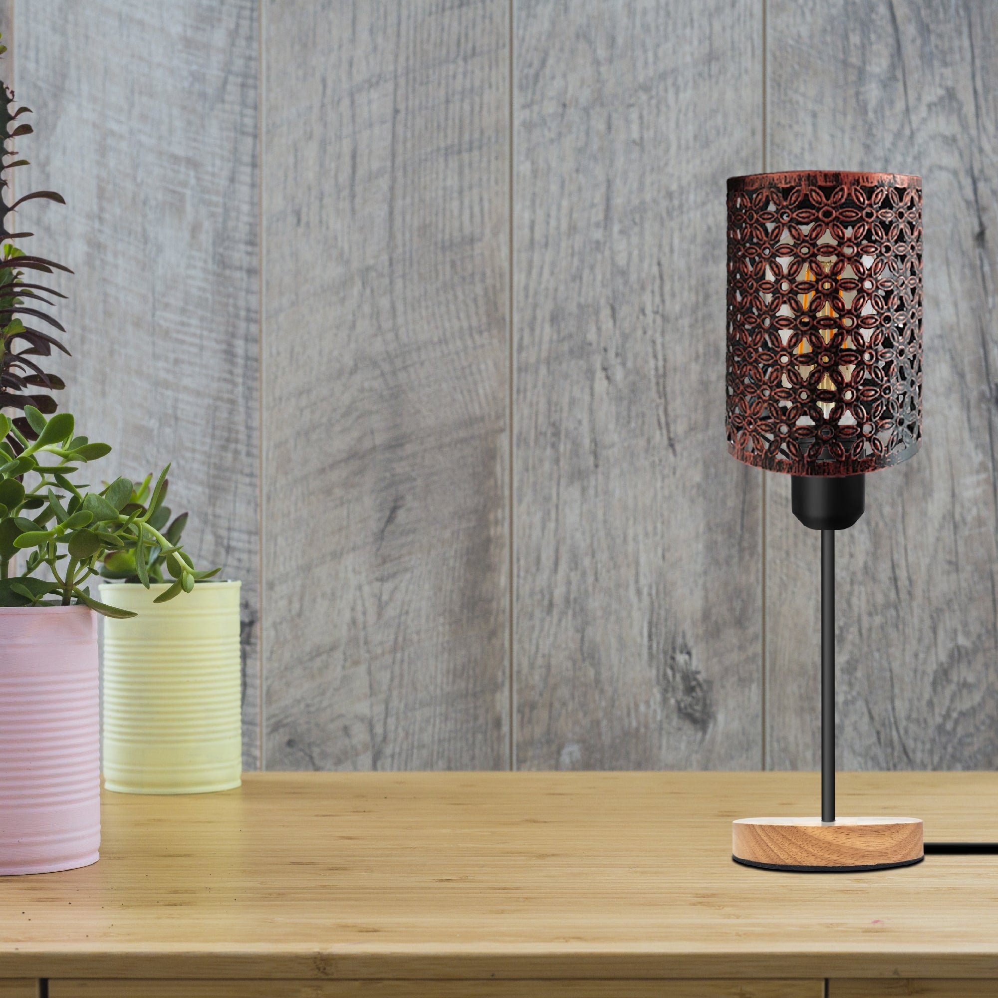 Industrial Barrel Wire Cage Table Lamp with Natural Wood Base