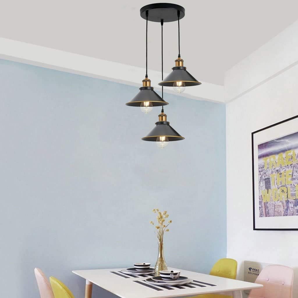 Vintage Industrial Three Head Pendant Light Fixture, Flat Cone Shade, Adjustable