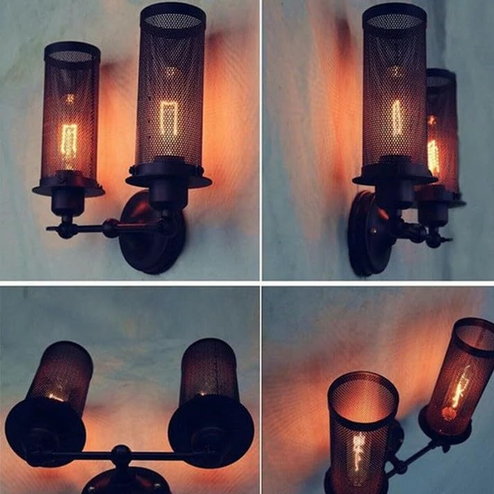 Vintage Industrial Double Wall Sconce Black Metal Cage Light Fixture E27