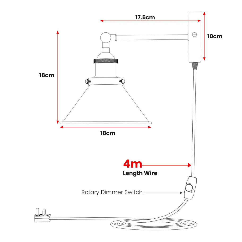 Vintage Industrial Plug-in Wall Light with Dimmer ~6266