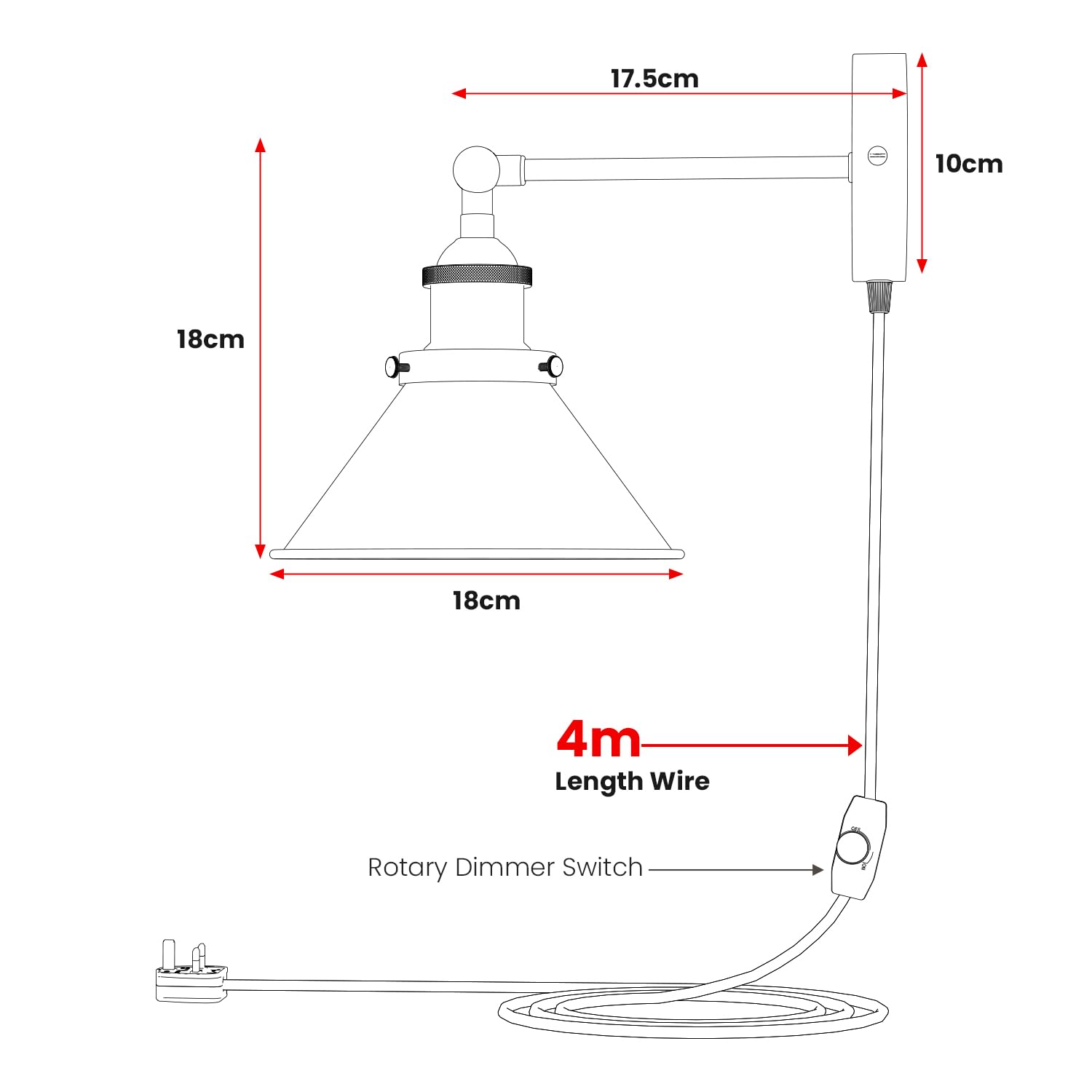 Vintage Industrial Plug-in Wall Light with Dimmer ~6266