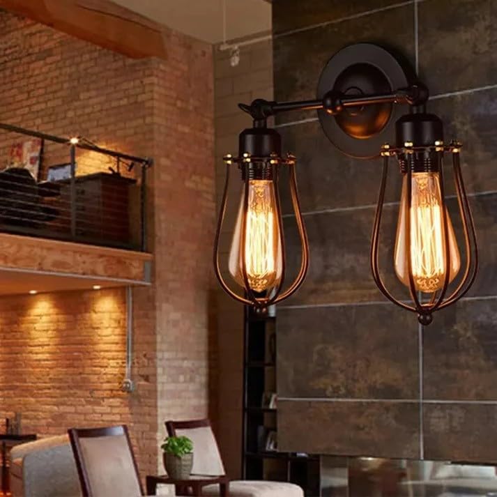 Vintage Industrial Double Wall Sconce Black Metal Cage Light Fixture E27