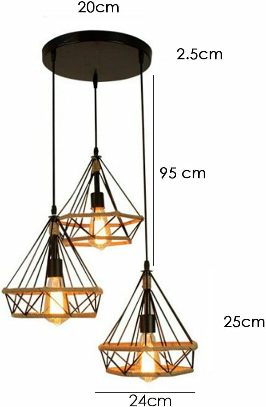 Vintage Industrial Black Metal Hemp Rope 3-Head Pendant Light Fixture