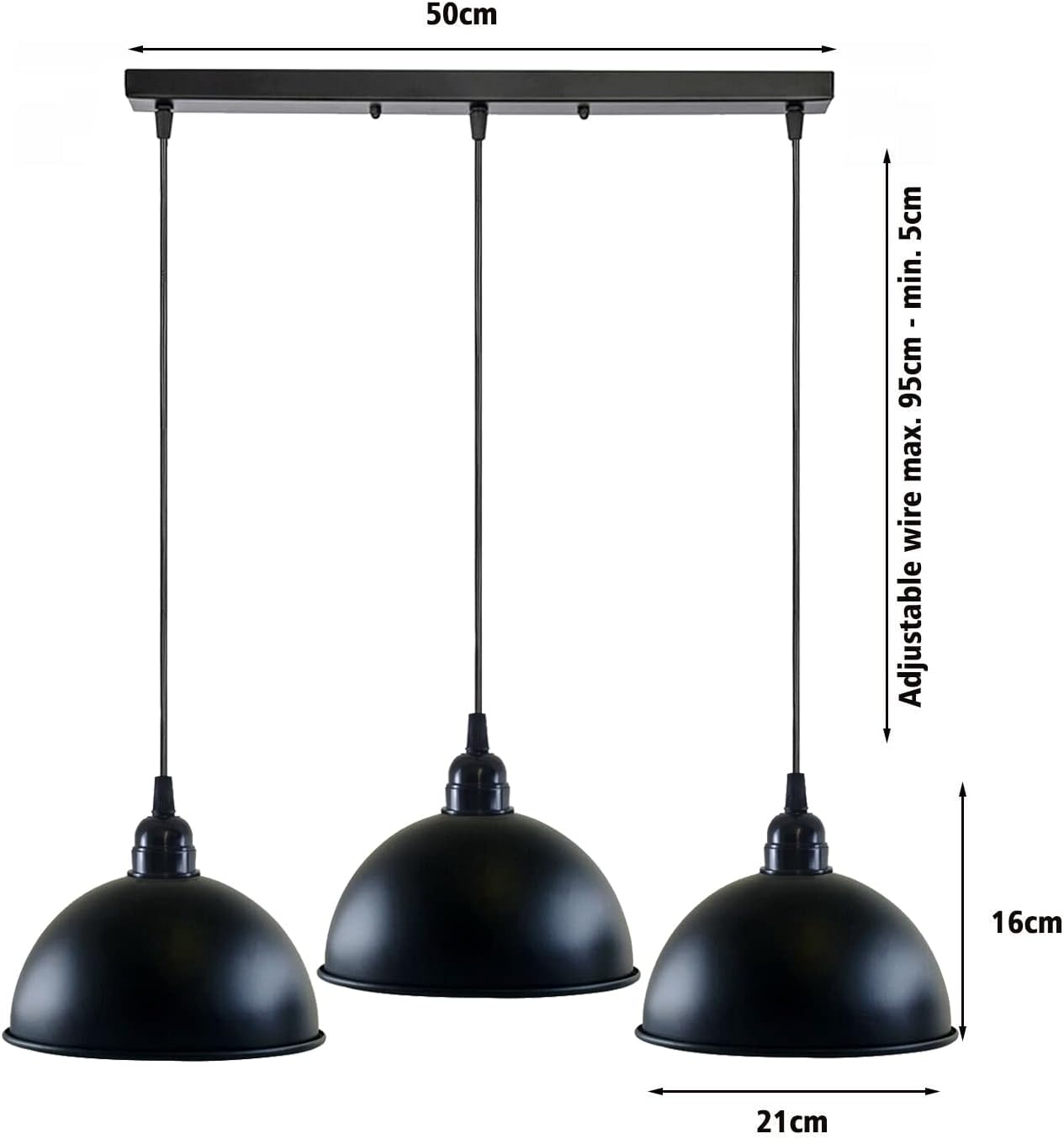 Industrial Adjustable 3-Head Black Dome Pendant Light Fixture for Kitchen Island