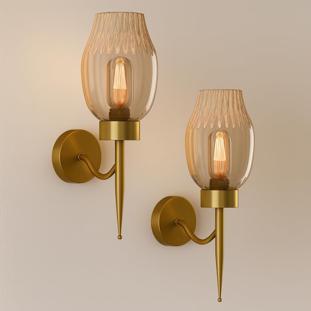 Modern Brass Wall Sconce with Amber Glass Shade ~6351