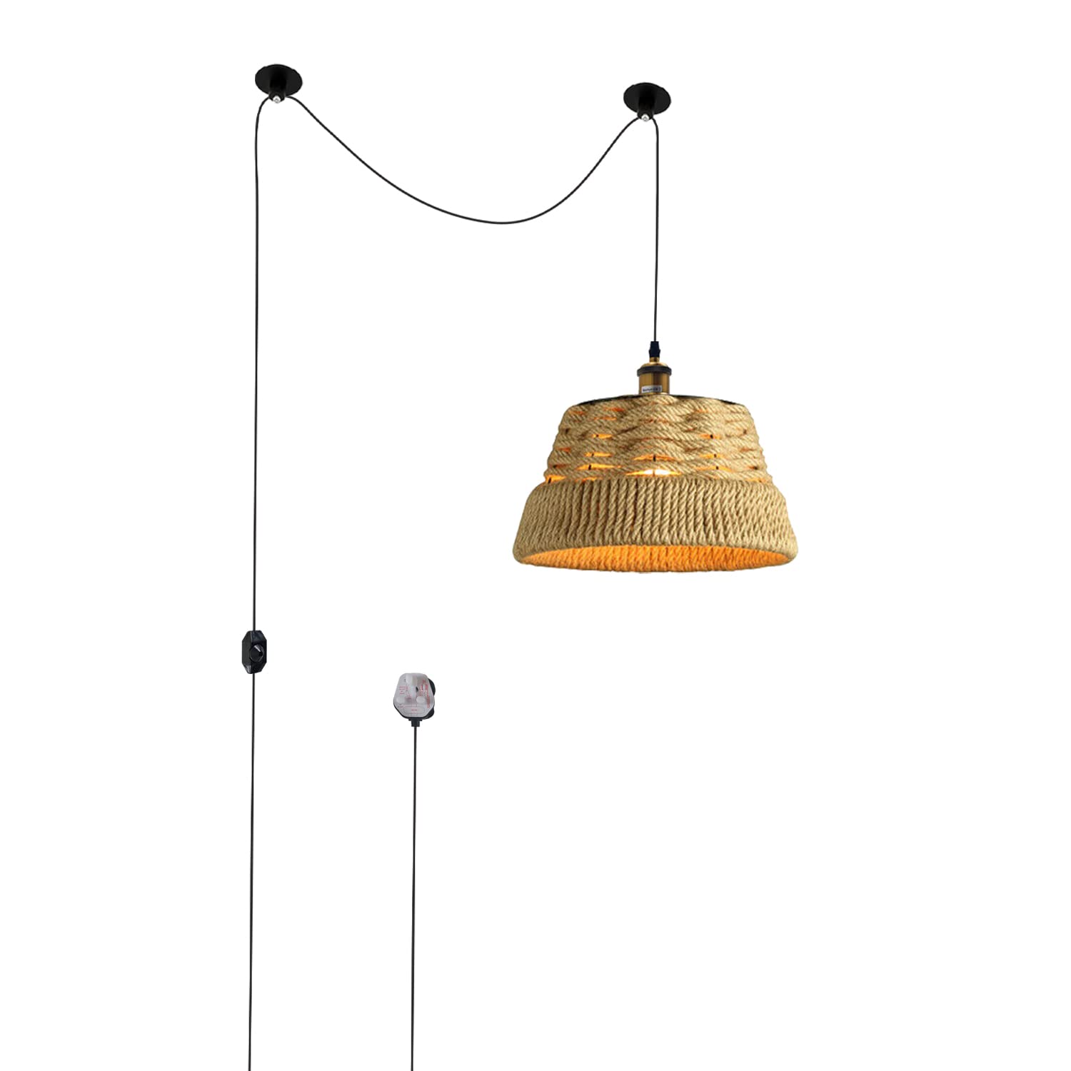 Hand-Woven Bamboo Rattan Plug-in Pendant Light with Adjustable Dimmer