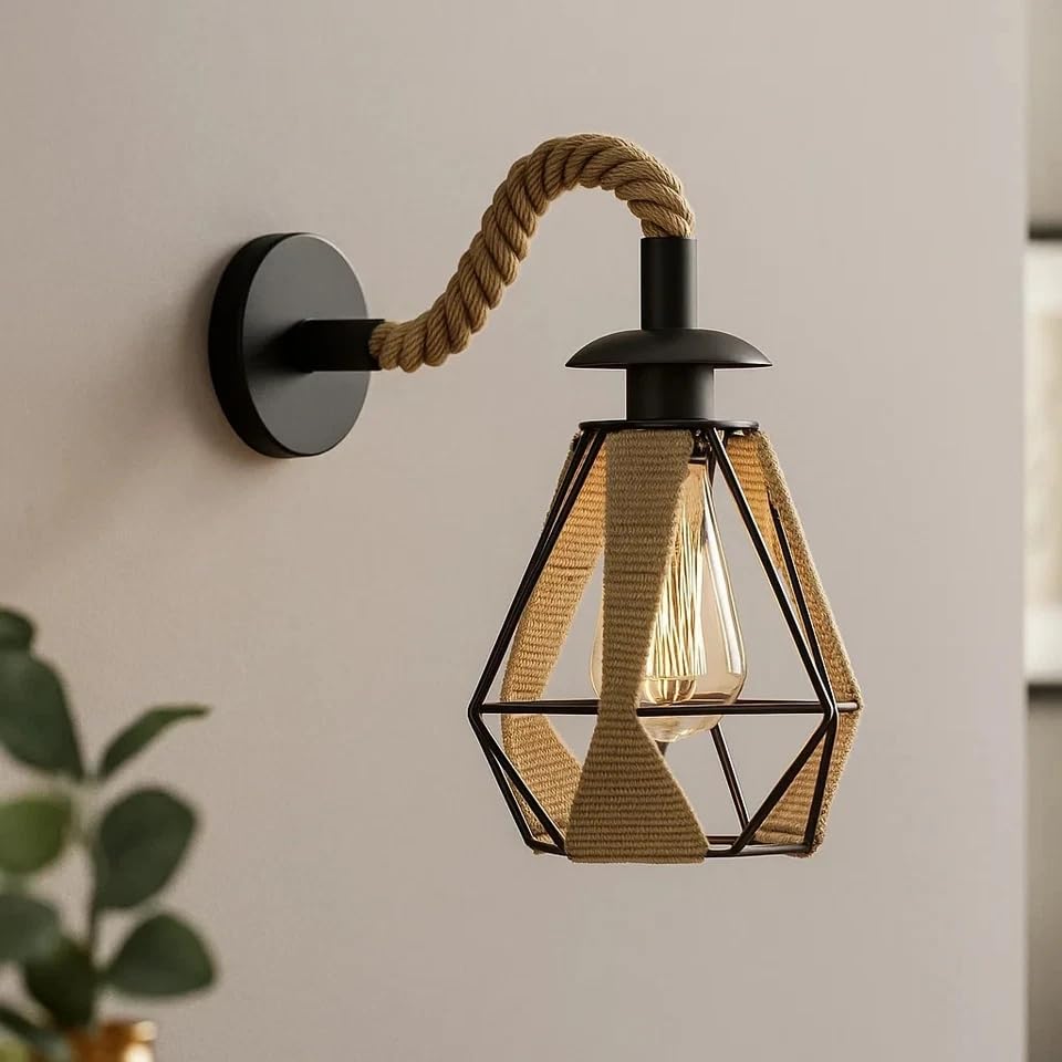 Retro Hemp Rope Wall Sconce | Rustic E27 Metal Shade ~6308