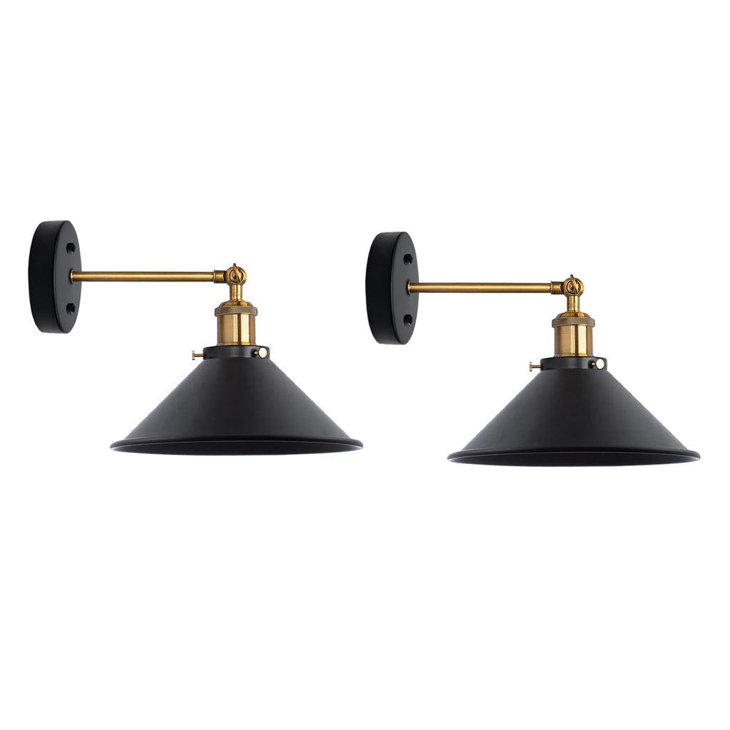 2-Pack Industrial Metal Wall Lights - Vintage Cone Adjustable Sconces
