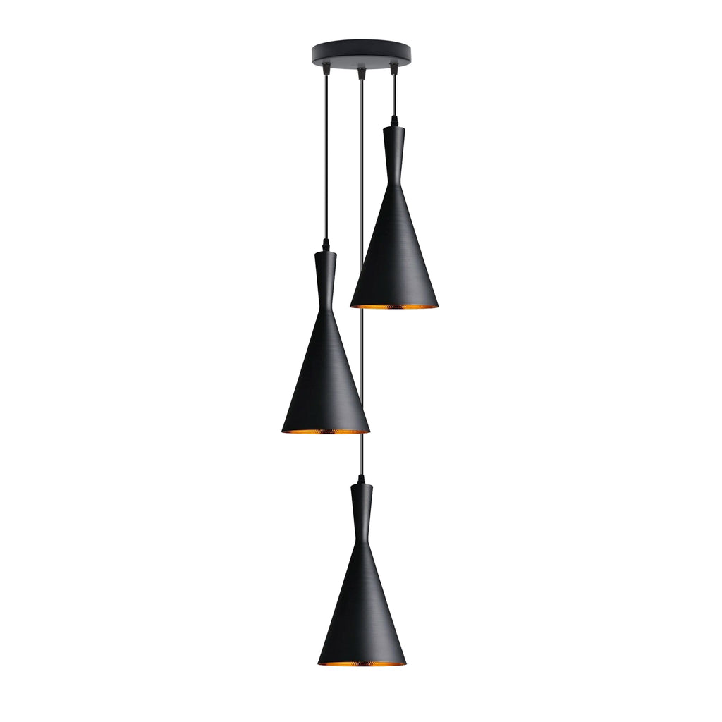 Industrial Metal Three-Light Ceiling Pendant Lamp Fixture with Gold Interior Shade