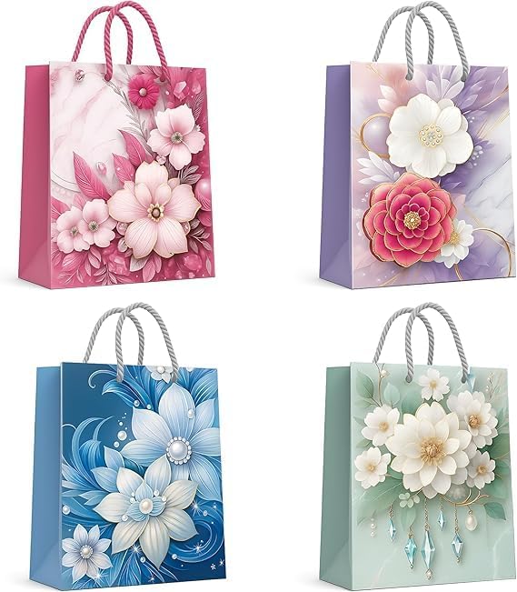 Premium Floral Gift Bags, 12-Pack Assorted Sizes, Matte Finish, Durable Handles