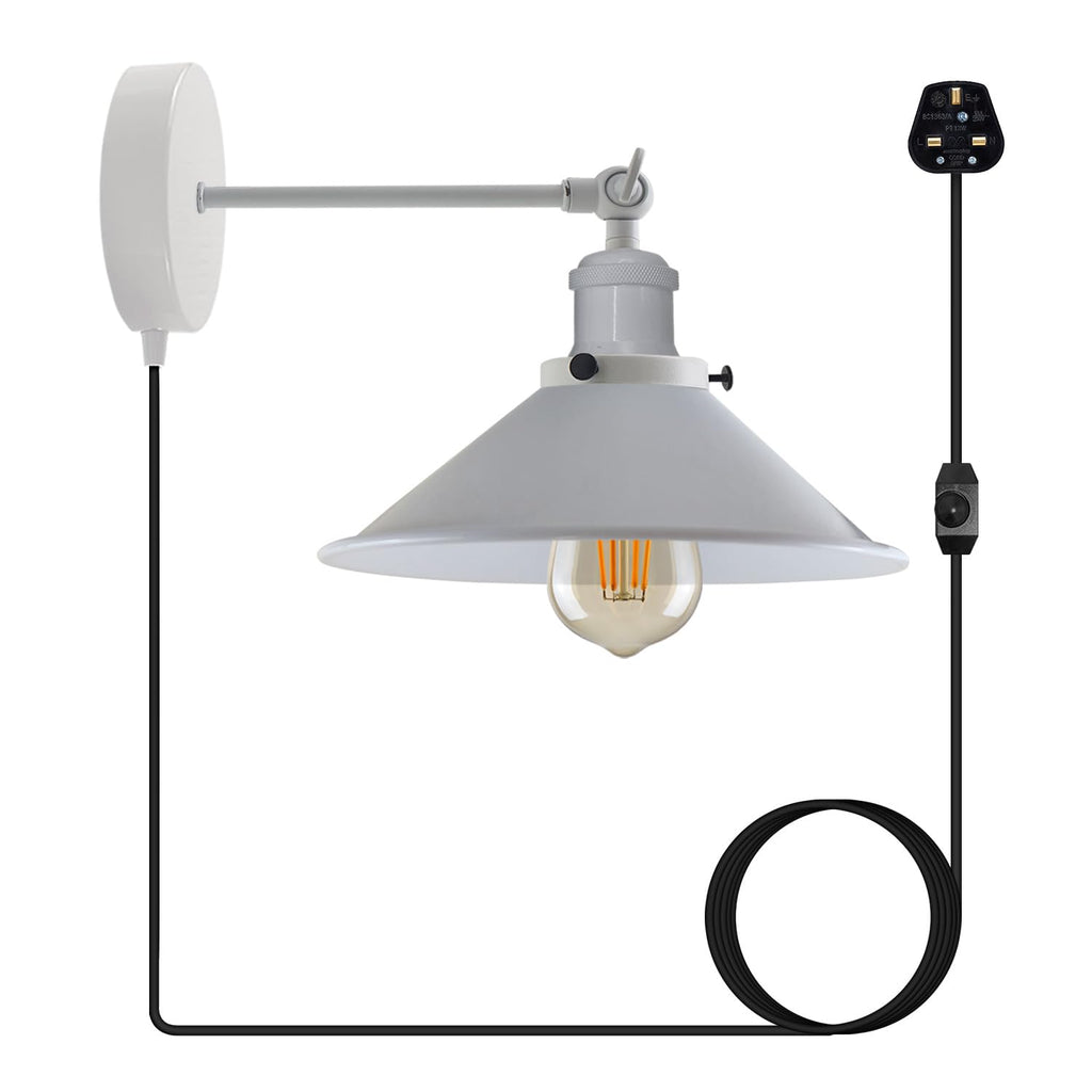 Industrial Indoor Plug-in Wall Light with Dimmer Switch, Adjustable Metal Shade