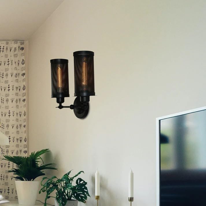 Vintage Industrial Double Wall Sconce Black Metal Cage Light Fixture E27