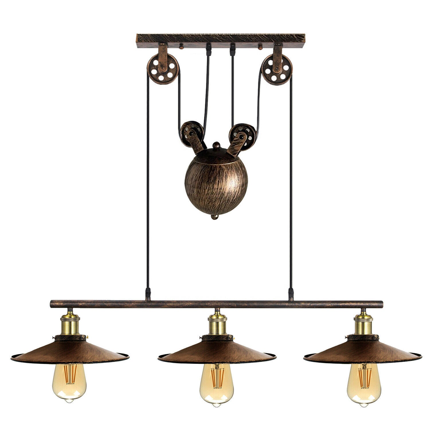 Vintage Industrial 3-Light Pulley Ceiling Pendant Chandelier, Adjustable Brushed Copper Finish