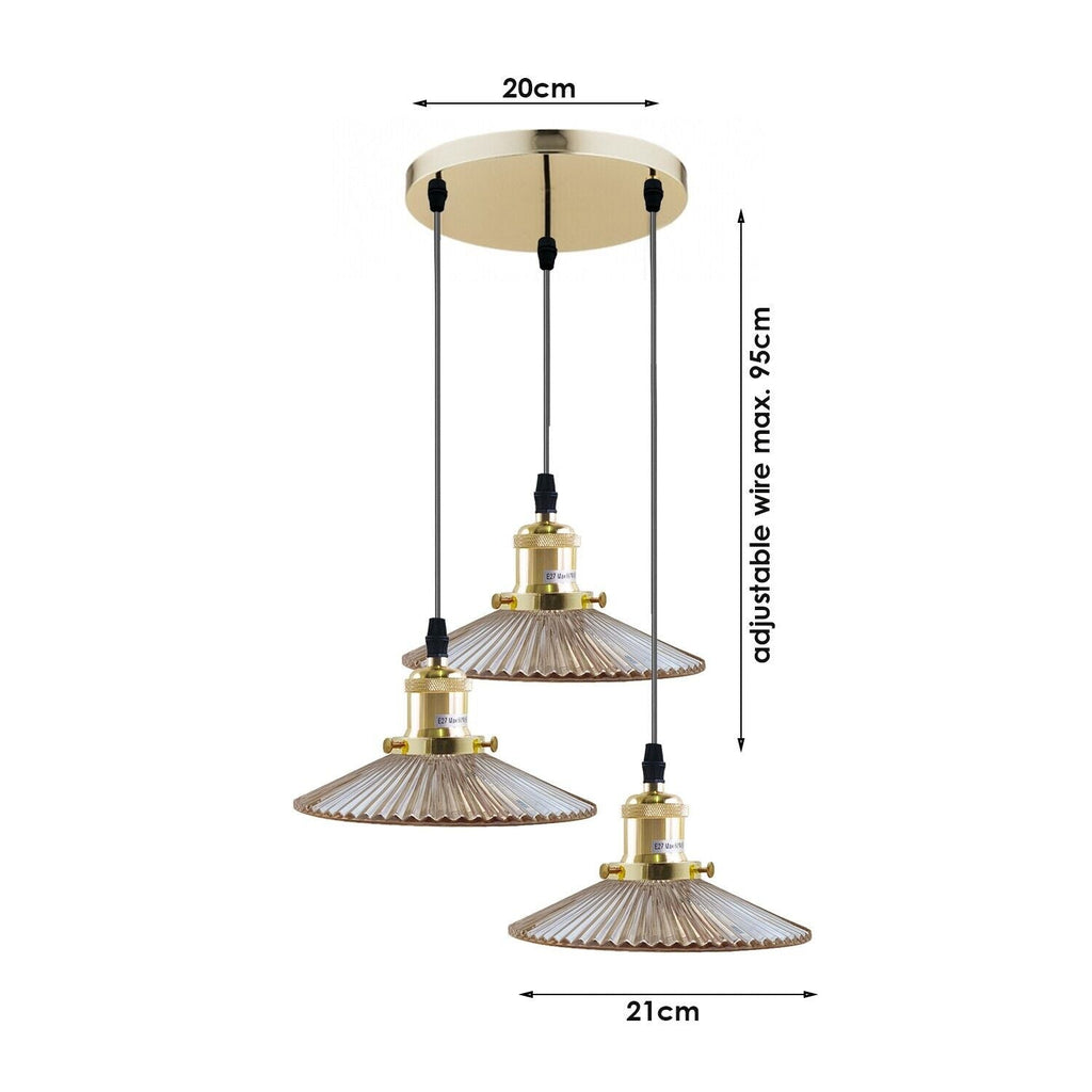 Vintage Industrial Retro Amber Glass 3-Light Pendant Ceiling Fixture