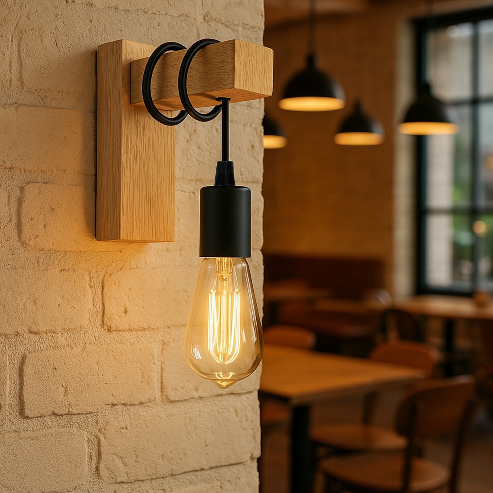 Vintage Industrial Wall Light Rustic Wood & Black Metal Sconce ~6247