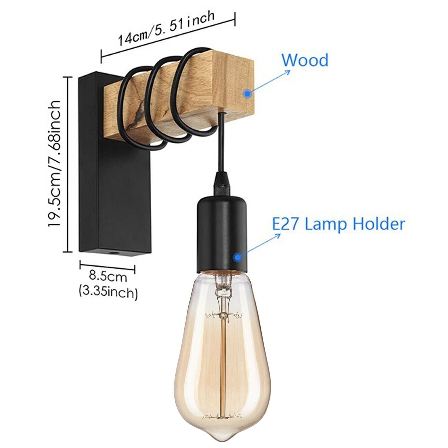 Vintage Industrial Wall Light Rustic Wood & Black Metal Sconce ~6247