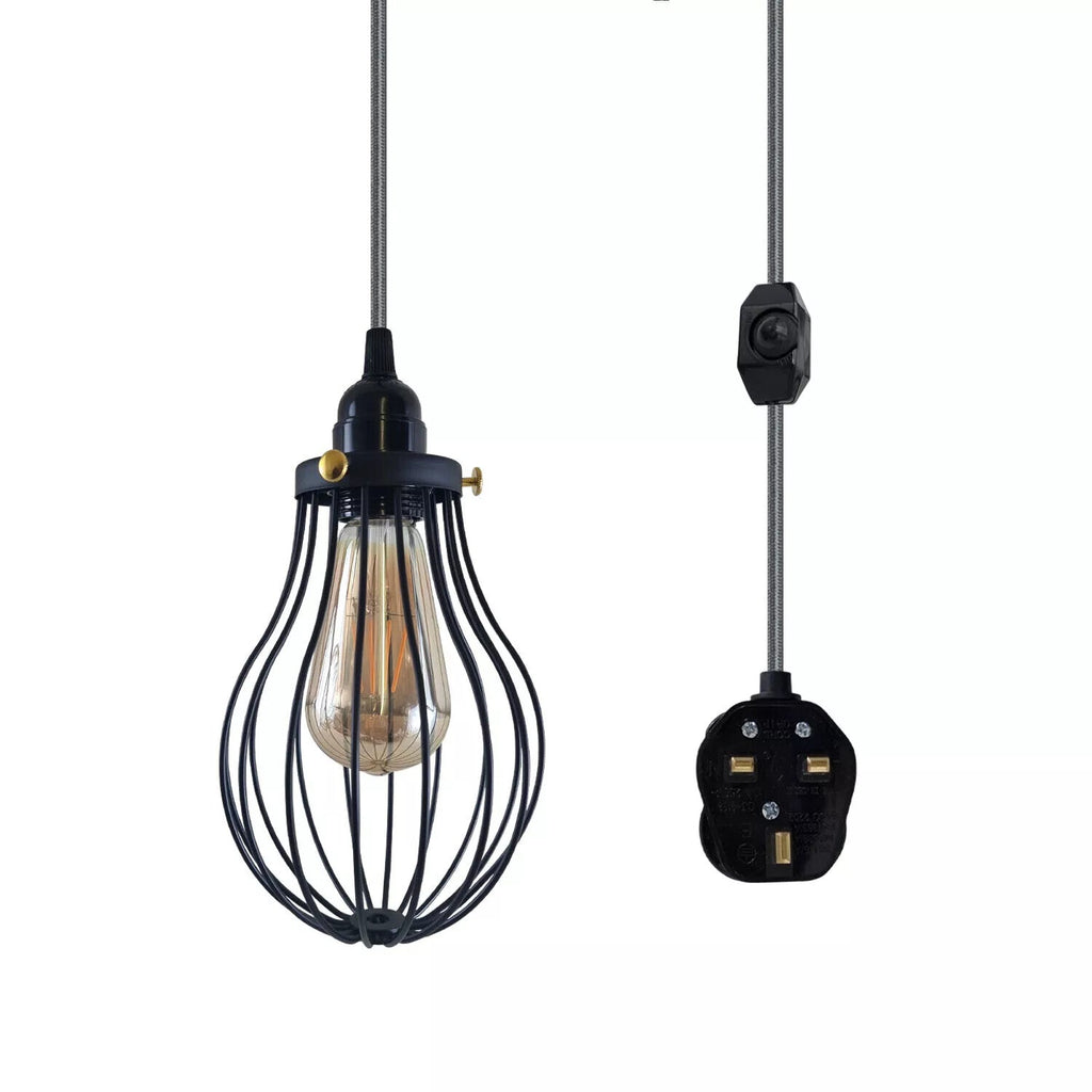 LEDSone E27 Dimmable Plug-in Pendant Light, 2M Fabric Cable & Cage