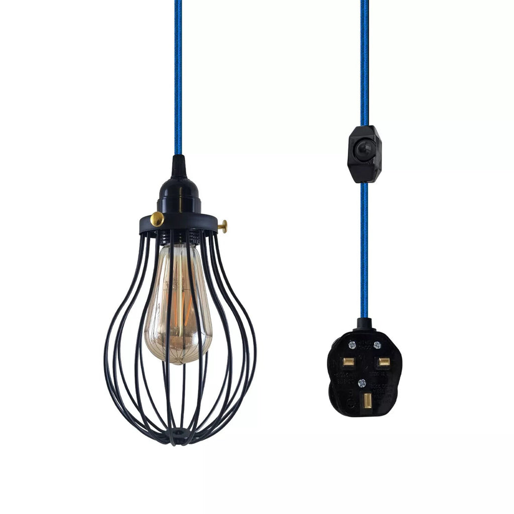 LEDSone E27 Dimmable Plug-in Pendant Light, 2M Fabric Cable & Cage