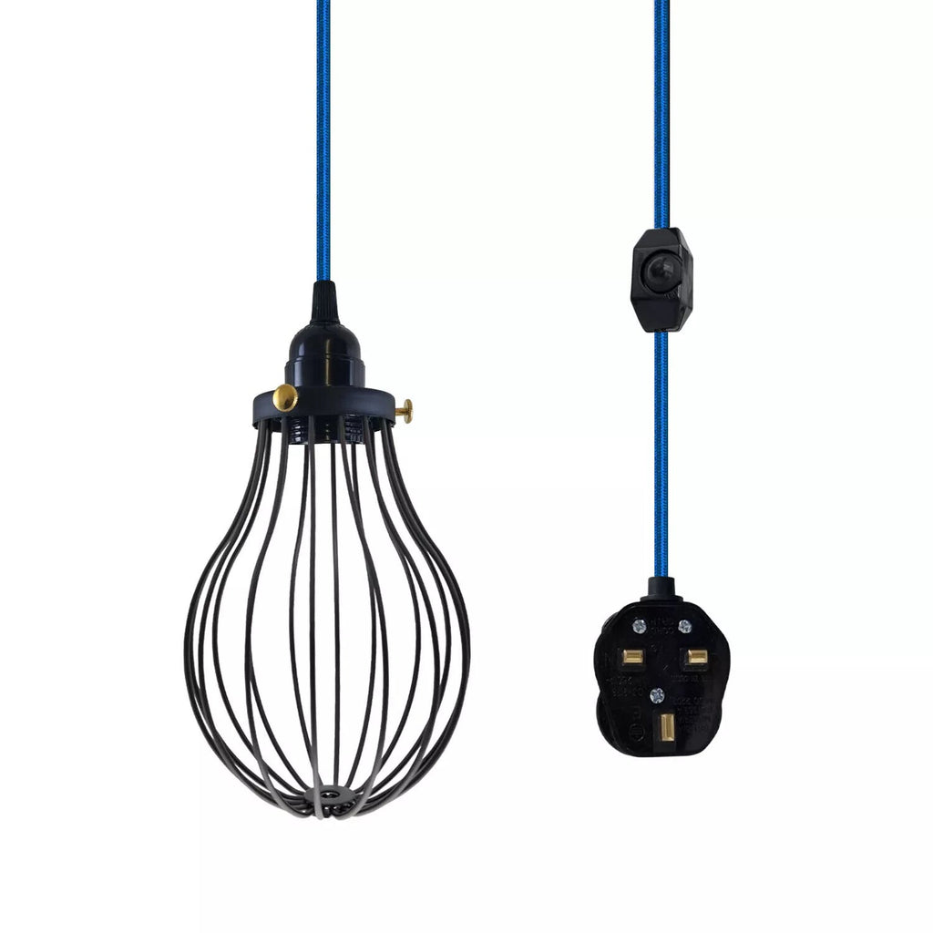 LEDSone E27 Dimmable Plug-in Pendant Light, 2M Fabric Cable & Cage