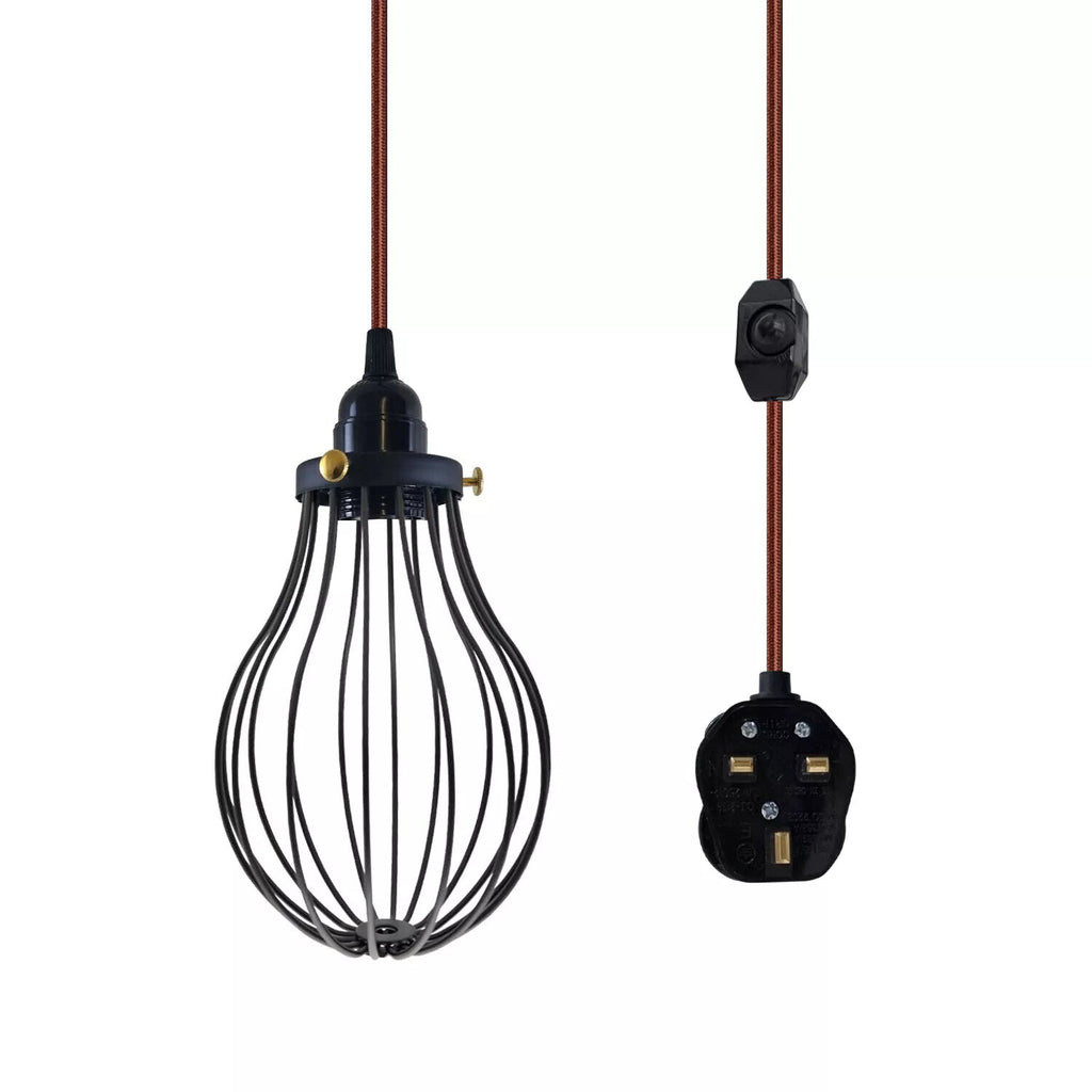LEDSone E27 Dimmable Plug-in Pendant Light, 2M Fabric Cable & Cage
