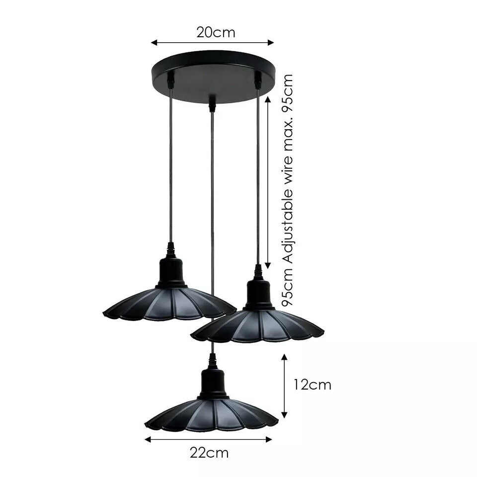 Vintage Industrial Black Metal 3-Head Pendant Light, Adjustable Ceiling Fixture